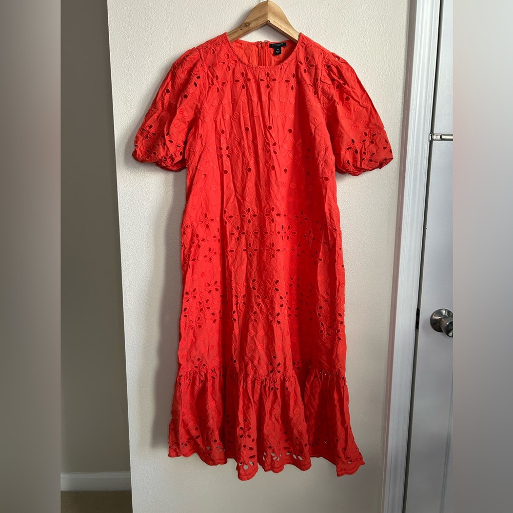 ANN TAYLOR $189 Eyelet Midi Flare Dress In Red Ripe Persimmon Size 4P - Picture 2 of 8